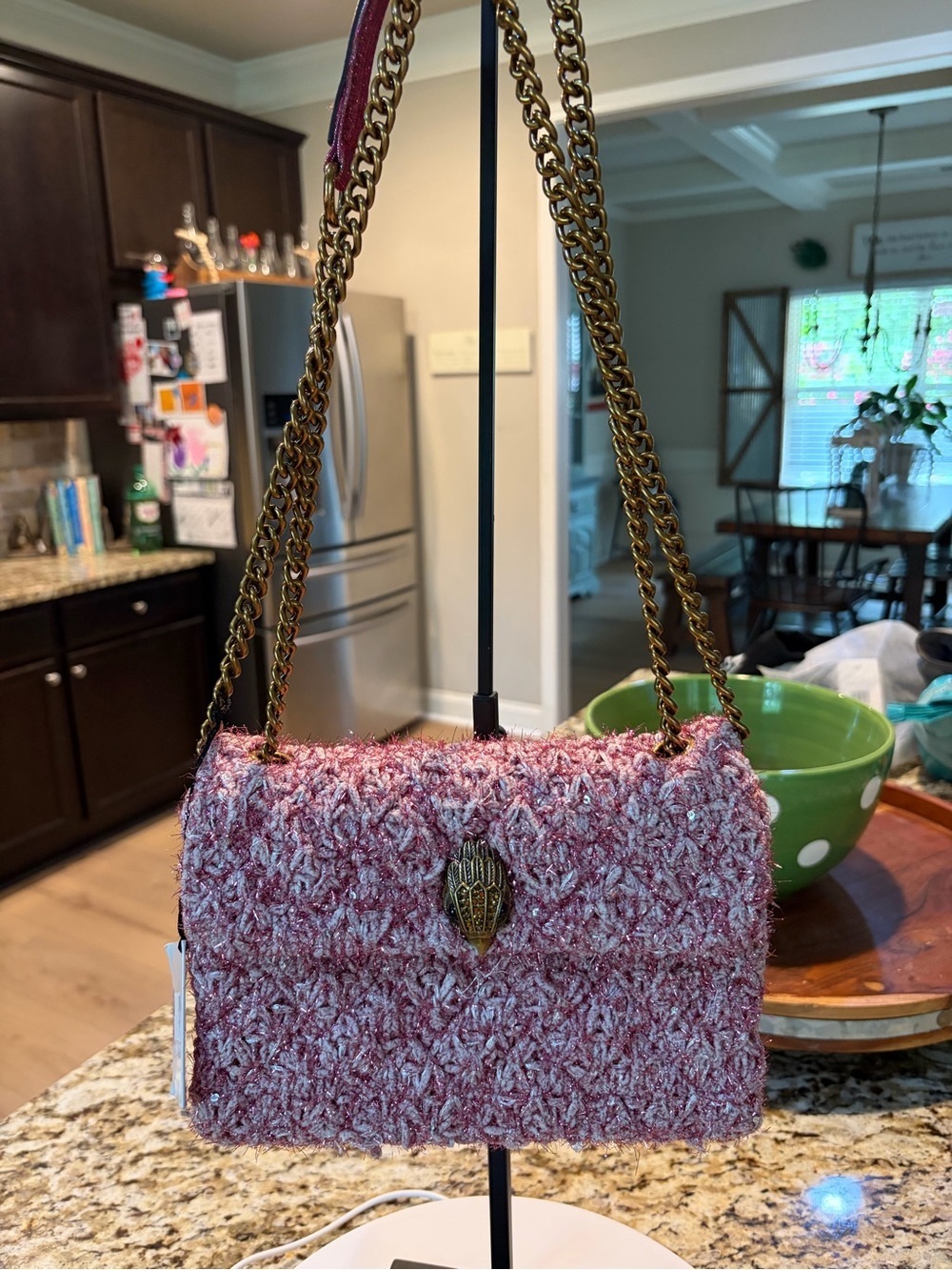 Kurt Geiger Pink Tweed Chain Shoulder Bag with Gold Hardware